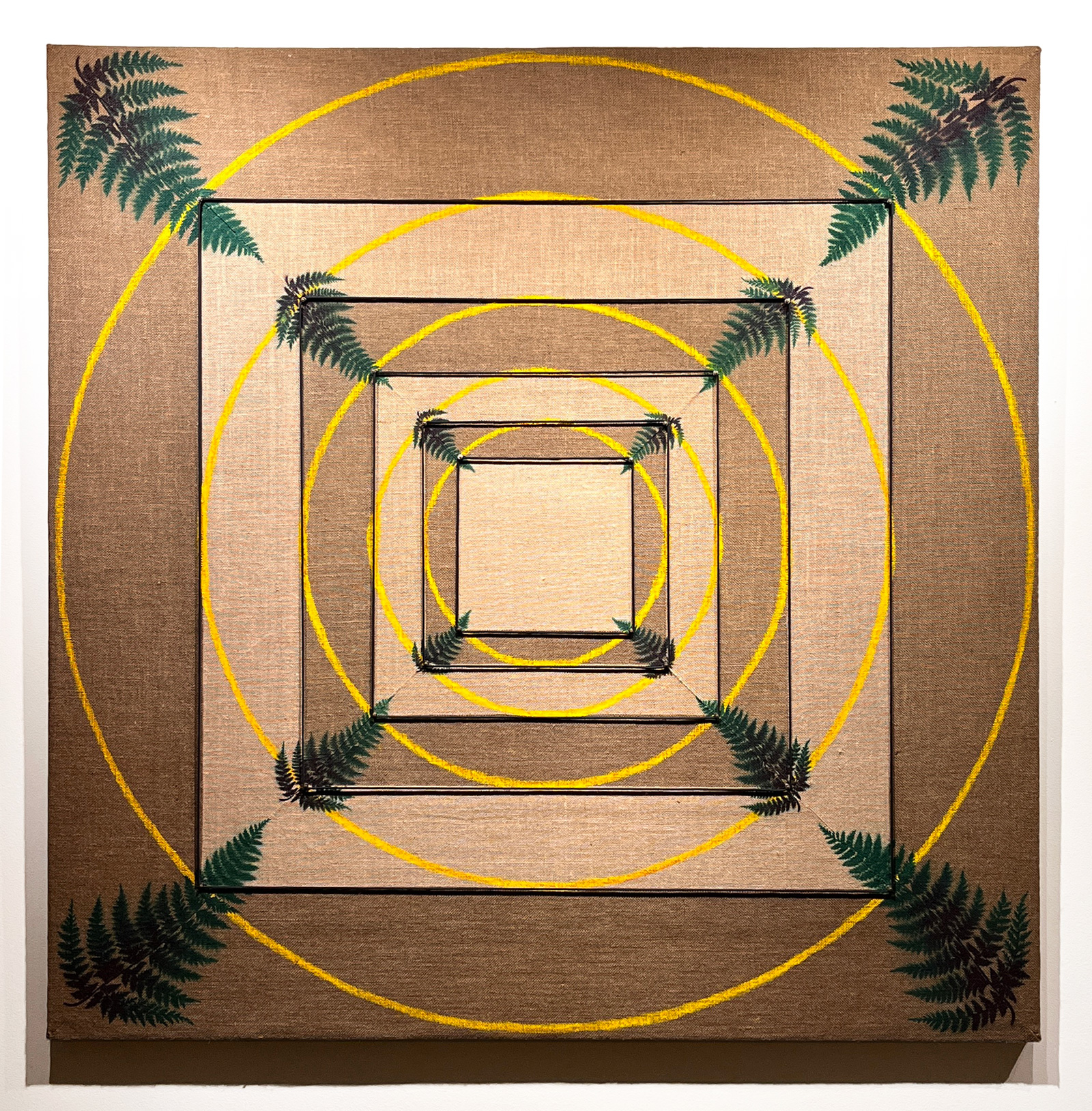 "EcoBreath Workshop," 2022, spray paint, wood stain, paracord, notions, acrylic mirror, burlap on panel, 60in. x 60in.