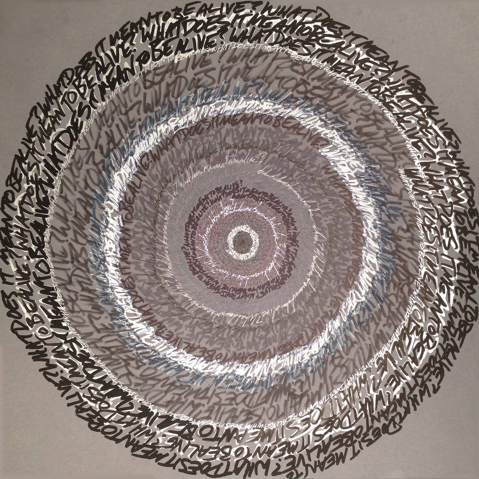 "Energy Spiral—What Does It Mean To Be Alive? #4", 2014, pen and marker on paper, 17in. x 17in.