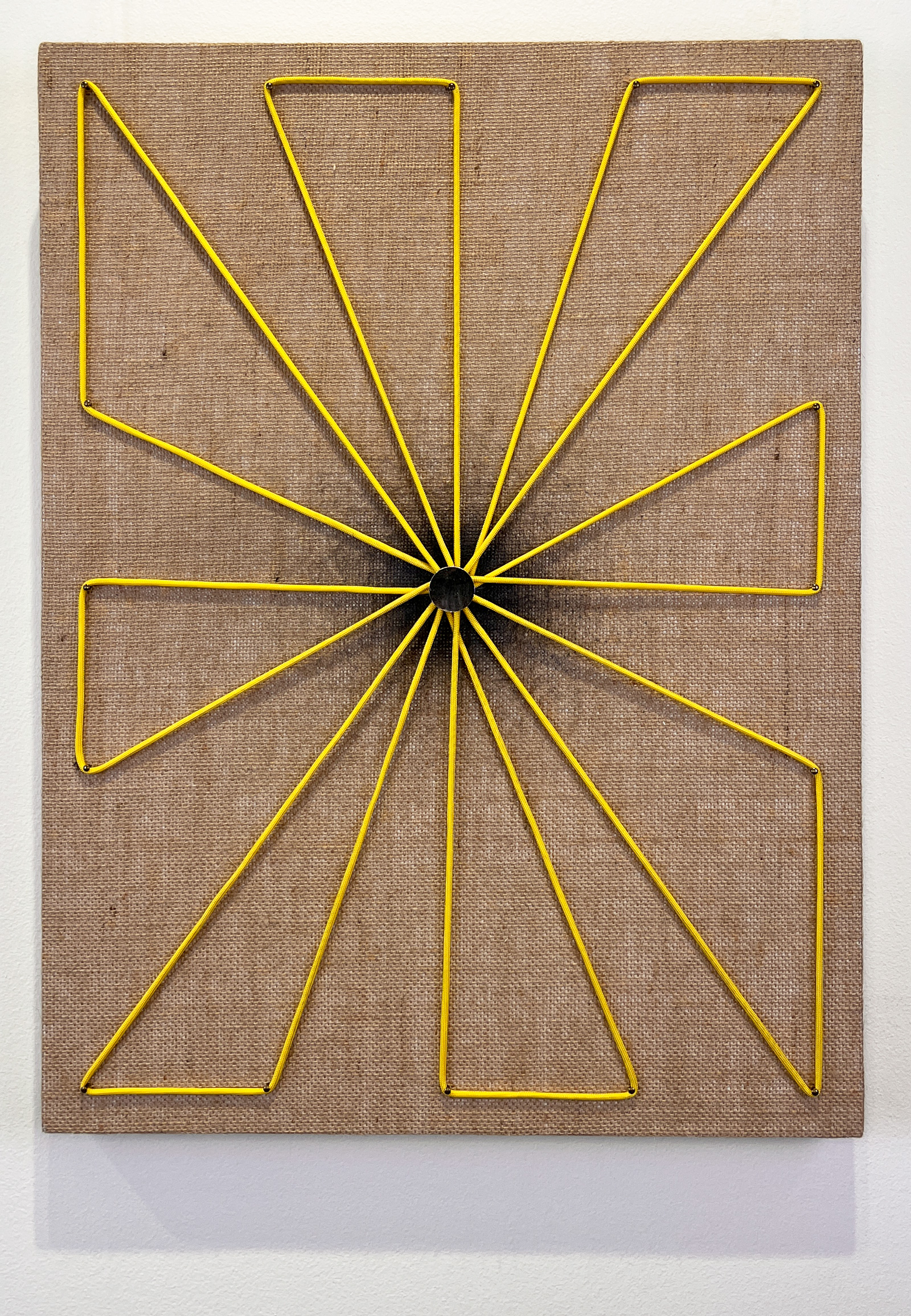"Heliocentric," 2022, spray paint, mirror, paracord, notions, burlap on panel, 24in. x 18in.