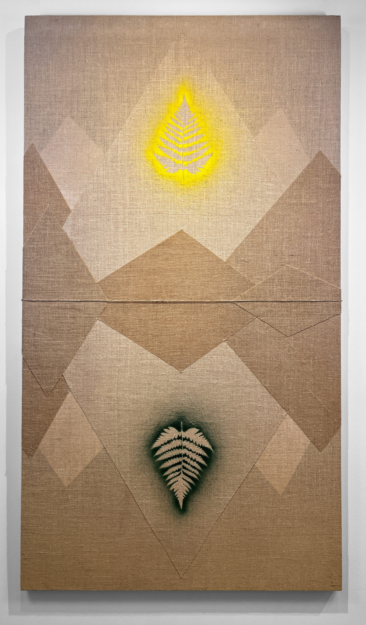 "The Holy Mountains," 2022, spray paint, ink, wood stain, jute twine, notions, burlap on panel, 72in. x 40in.